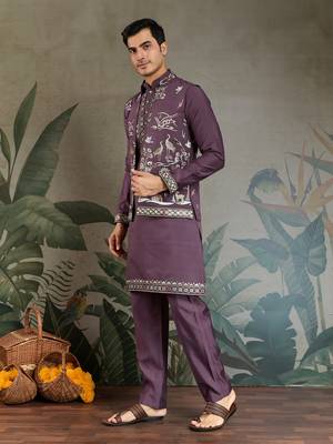 PURPLE VISCOSE SILK THEAD WITH SEQUINS EMBROIDERED WORK WEDDING FUNCTION FESTIVAL PARTY WEAR STRAIGHT KURTA PANT KOTI 5