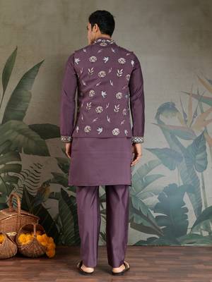 PURPLE VISCOSE SILK THEAD WITH SEQUINS EMBROIDERED WORK WEDDING FUNCTION FESTIVAL PARTY WEAR STRAIGHT KURTA PANT KOTI 6