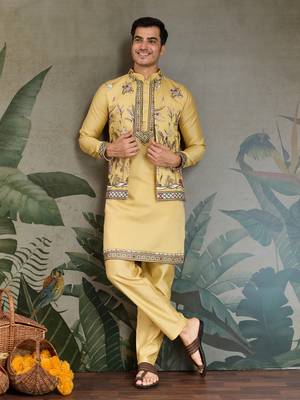 YELLOW VISCOSE SILK THEAD WITH SEQUINS EMBROIDERED WORK WEDDING FUNCTION FESTIVAL PARTY WEAR STRAIGHT KURTA PANT KOTI 1