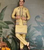 Yellow viscose silk thead with sequins embroidered work wedding function festival party wear straight kurta pant koti
