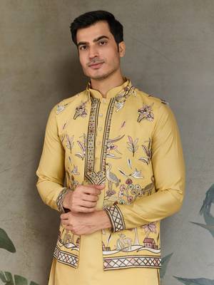 YELLOW VISCOSE SILK THEAD WITH SEQUINS EMBROIDERED WORK WEDDING FUNCTION FESTIVAL PARTY WEAR STRAIGHT KURTA PANT KOTI 3