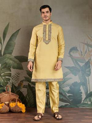 YELLOW VISCOSE SILK THEAD WITH SEQUINS EMBROIDERED WORK WEDDING FUNCTION FESTIVAL PARTY WEAR STRAIGHT KURTA PANT KOTI 4