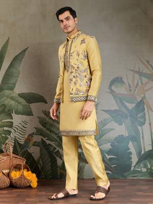 YELLOW VISCOSE SILK THEAD WITH SEQUINS EMBROIDERED WORK WEDDING FUNCTION FESTIVAL PARTY WEAR STRAIGHT KURTA PANT KOTI 5