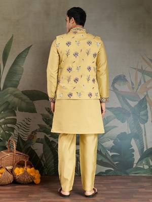 YELLOW VISCOSE SILK THEAD WITH SEQUINS EMBROIDERED WORK WEDDING FUNCTION FESTIVAL PARTY WEAR STRAIGHT KURTA PANT KOTI 6