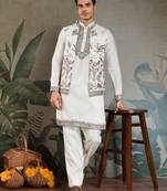White viscose silk thead with sequins embroidered work wedding function festival party wear straight kurta pant koti