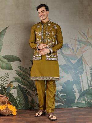 OLIVE VISCOSE SILK THEAD WITH SEQUINS EMBROIDERED WORK WEDDING FUNCTION FESTIVAL PARTY WEAR STRAIGHT KURTA PANT KOTI 1