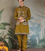 Olive viscose silk thead with sequins embroidered work wedding function festival party wear straight kurta pant koti