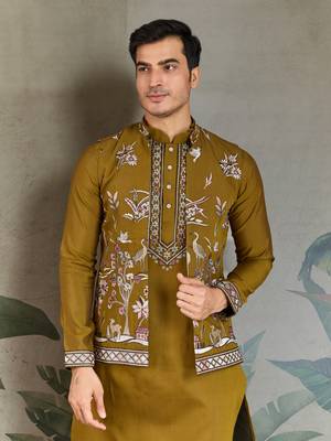 OLIVE VISCOSE SILK THEAD WITH SEQUINS EMBROIDERED WORK WEDDING FUNCTION FESTIVAL PARTY WEAR STRAIGHT KURTA PANT KOTI 3