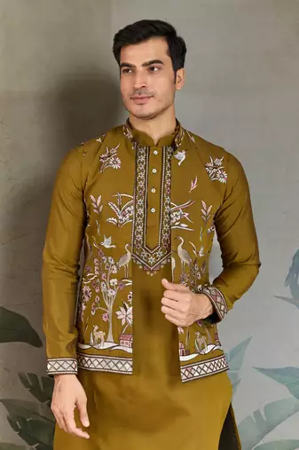 OLIVE VISCOSE SILK THEAD WITH SEQUINS EMBROIDERED WORK WEDDING FUNCTION FESTIVAL PARTY WEAR STRAIGHT KURTA PANT KOTI