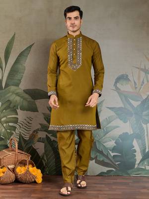 OLIVE VISCOSE SILK THEAD WITH SEQUINS EMBROIDERED WORK WEDDING FUNCTION FESTIVAL PARTY WEAR STRAIGHT KURTA PANT KOTI 4