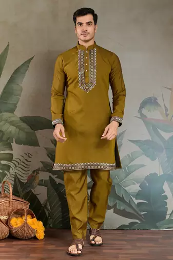 OLIVE VISCOSE SILK THEAD WITH SEQUINS EMBROIDERED WORK WEDDING FUNCTION FESTIVAL PARTY WEAR STRAIGHT KURTA PANT KOTI
