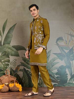 OLIVE VISCOSE SILK THEAD WITH SEQUINS EMBROIDERED WORK WEDDING FUNCTION FESTIVAL PARTY WEAR STRAIGHT KURTA PANT KOTI 5