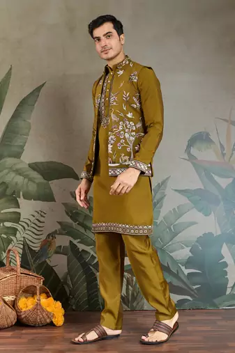 OLIVE VISCOSE SILK THEAD WITH SEQUINS EMBROIDERED WORK WEDDING FUNCTION FESTIVAL PARTY WEAR STRAIGHT KURTA PANT KOTI