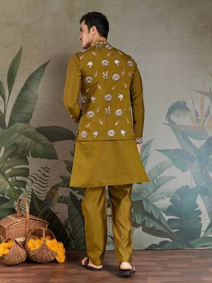 OLIVE VISCOSE SILK THEAD WITH SEQUINS EMBROIDERED WORK WEDDING FUNCTION FESTIVAL PARTY WEAR STRAIGHT KURTA PANT KOTI 6