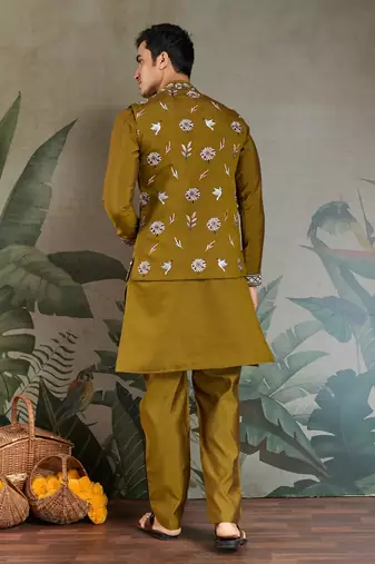 OLIVE VISCOSE SILK THEAD WITH SEQUINS EMBROIDERED WORK WEDDING FUNCTION FESTIVAL PARTY WEAR STRAIGHT KURTA PANT KOTI