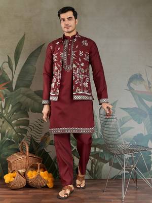 MAROON VISCOSE SILK THEAD WITH SEQUINS EMBROIDERED WORK WEDDING FUNCTION FESTIVAL PARTY WEAR STRAIGHT KURTA PANT KOTI 1