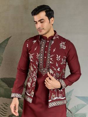 MAROON VISCOSE SILK THEAD WITH SEQUINS EMBROIDERED WORK WEDDING FUNCTION FESTIVAL PARTY WEAR STRAIGHT KURTA PANT KOTI 3