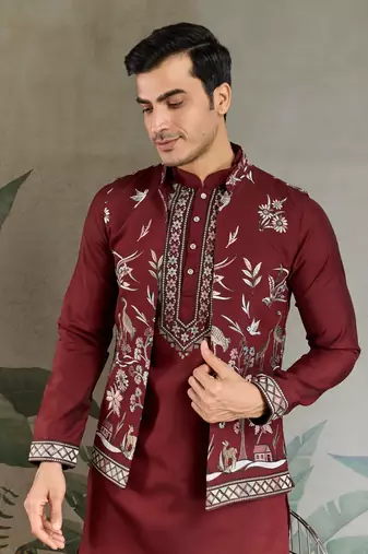 MAROON VISCOSE SILK THEAD WITH SEQUINS EMBROIDERED WORK WEDDING FUNCTION FESTIVAL PARTY WEAR STRAIGHT KURTA PANT KOTI
