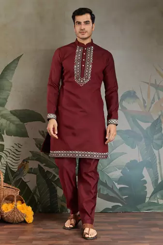 MAROON VISCOSE SILK THEAD WITH SEQUINS EMBROIDERED WORK WEDDING FUNCTION FESTIVAL PARTY WEAR STRAIGHT KURTA PANT KOTI