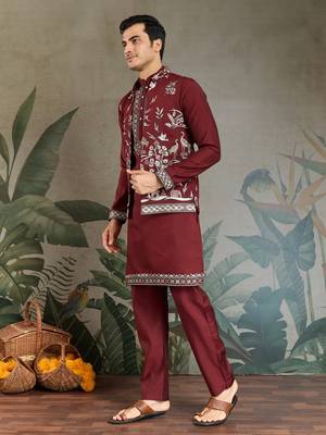 MAROON VISCOSE SILK THEAD WITH SEQUINS EMBROIDERED WORK WEDDING FUNCTION FESTIVAL PARTY WEAR STRAIGHT KURTA PANT KOTI 5