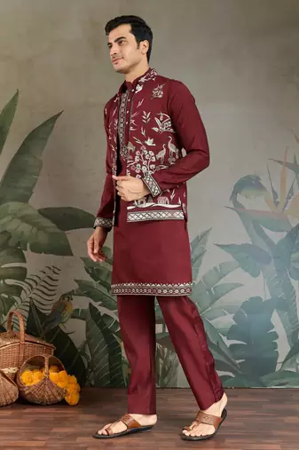 MAROON VISCOSE SILK THEAD WITH SEQUINS EMBROIDERED WORK WEDDING FUNCTION FESTIVAL PARTY WEAR STRAIGHT KURTA PANT KOTI