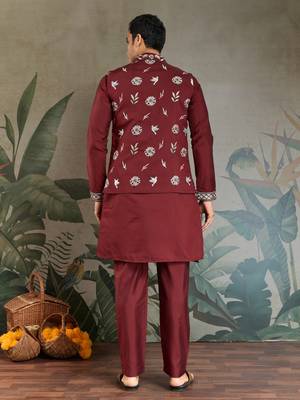 MAROON VISCOSE SILK THEAD WITH SEQUINS EMBROIDERED WORK WEDDING FUNCTION FESTIVAL PARTY WEAR STRAIGHT KURTA PANT KOTI 6