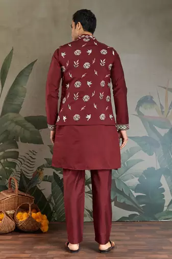 MAROON VISCOSE SILK THEAD WITH SEQUINS EMBROIDERED WORK WEDDING FUNCTION FESTIVAL PARTY WEAR STRAIGHT KURTA PANT KOTI