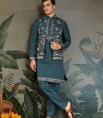 Teal green viscose silk thead with sequins embroidered work wedding festival party wear straight kurta pant koti