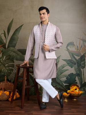 Beige viscose silk jacquard with sequins embroidered work wedding festival party wear straight kurta with jacket 1