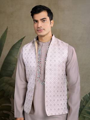 Beige viscose silk jacquard with sequins embroidered work wedding festival party wear straight kurta with jacket 2