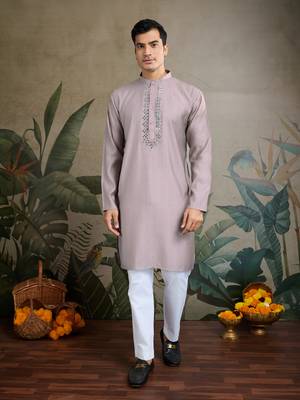 Beige viscose silk jacquard with sequins embroidered work wedding festival party wear straight kurta with jacket 3