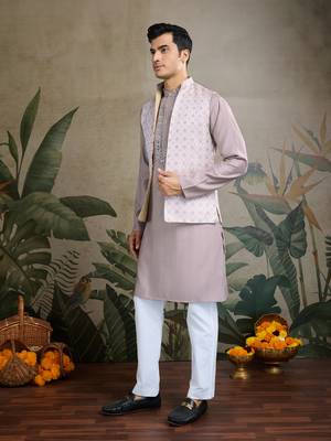 Beige viscose silk jacquard with sequins embroidered work wedding festival party wear straight kurta with jacket 4