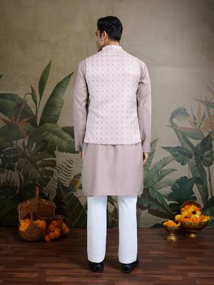 Beige viscose silk jacquard with sequins embroidered work wedding festival party wear straight kurta with jacket 5