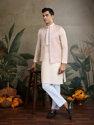 Off white viscose silk jacquard with sequins embroidered work wedding festival party wear straight kurta with jacket 1