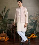 Off white viscose silk jacquard with sequins embroidered work wedding festival party wear straight kurta with jacket