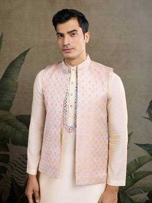 Off white viscose silk jacquard with sequins embroidered work wedding festival party wear straight kurta with jacket 2