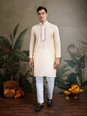 Off white viscose silk jacquard with sequins embroidered work wedding festival party wear straight kurta with jacket 3