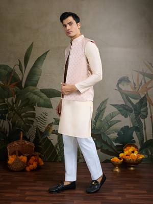 Off white viscose silk jacquard with sequins embroidered work wedding festival party wear straight kurta with jacket 4
