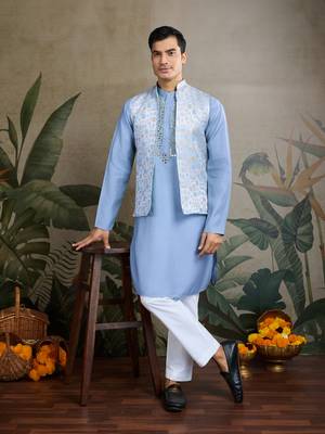 Sky blue viscose silk jacquard with sequins embroidered work wedding festival party wear straight kurta with jacket 1