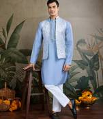 Sky blue viscose silk jacquard with sequins embroidered work wedding festival party wear straight kurta with jacket