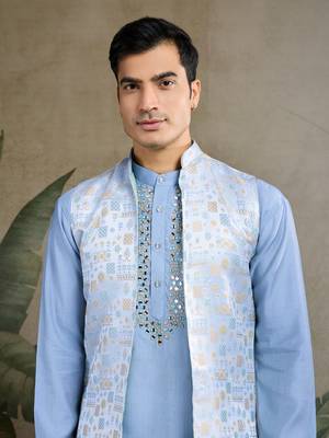 Sky blue viscose silk jacquard with sequins embroidered work wedding festival party wear straight kurta with jacket 2