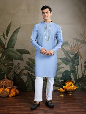 Sky blue viscose silk jacquard with sequins embroidered work wedding festival party wear straight kurta with jacket 3