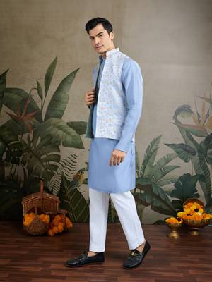 Sky blue viscose silk jacquard with sequins embroidered work wedding festival party wear straight kurta with jacket 4