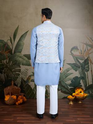 Sky blue viscose silk jacquard with sequins embroidered work wedding festival party wear straight kurta with jacket 5