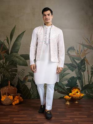 White viscose silk jacquard with sequins embroidered work wedding festival party wear straight kurta with jacket 1