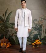 White viscose silk jacquard with sequins embroidered work wedding festival party wear straight kurta with jacket