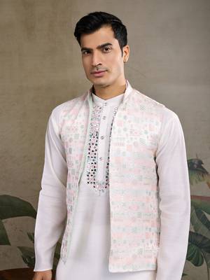 White viscose silk jacquard with sequins embroidered work wedding festival party wear straight kurta with jacket 3