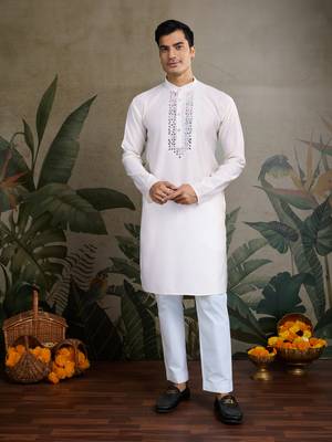 White viscose silk jacquard with sequins embroidered work wedding festival party wear straight kurta with jacket 4