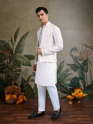 White viscose silk jacquard with sequins embroidered work wedding festival party wear straight kurta with jacket 5
