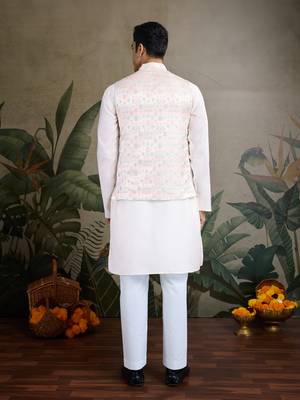 White viscose silk jacquard with sequins embroidered work wedding festival party wear straight kurta with jacket 6